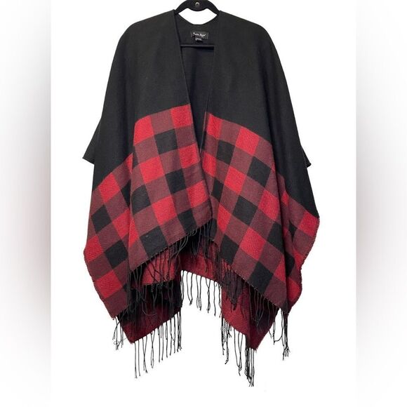 Charlie Paige Plaid Red and Black Kimono Wrap Style Sweater Cozy Holiday Wrap - Picture 1 of 5